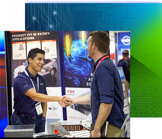 Attendee and exhibitor shaking hands at a tradeshow